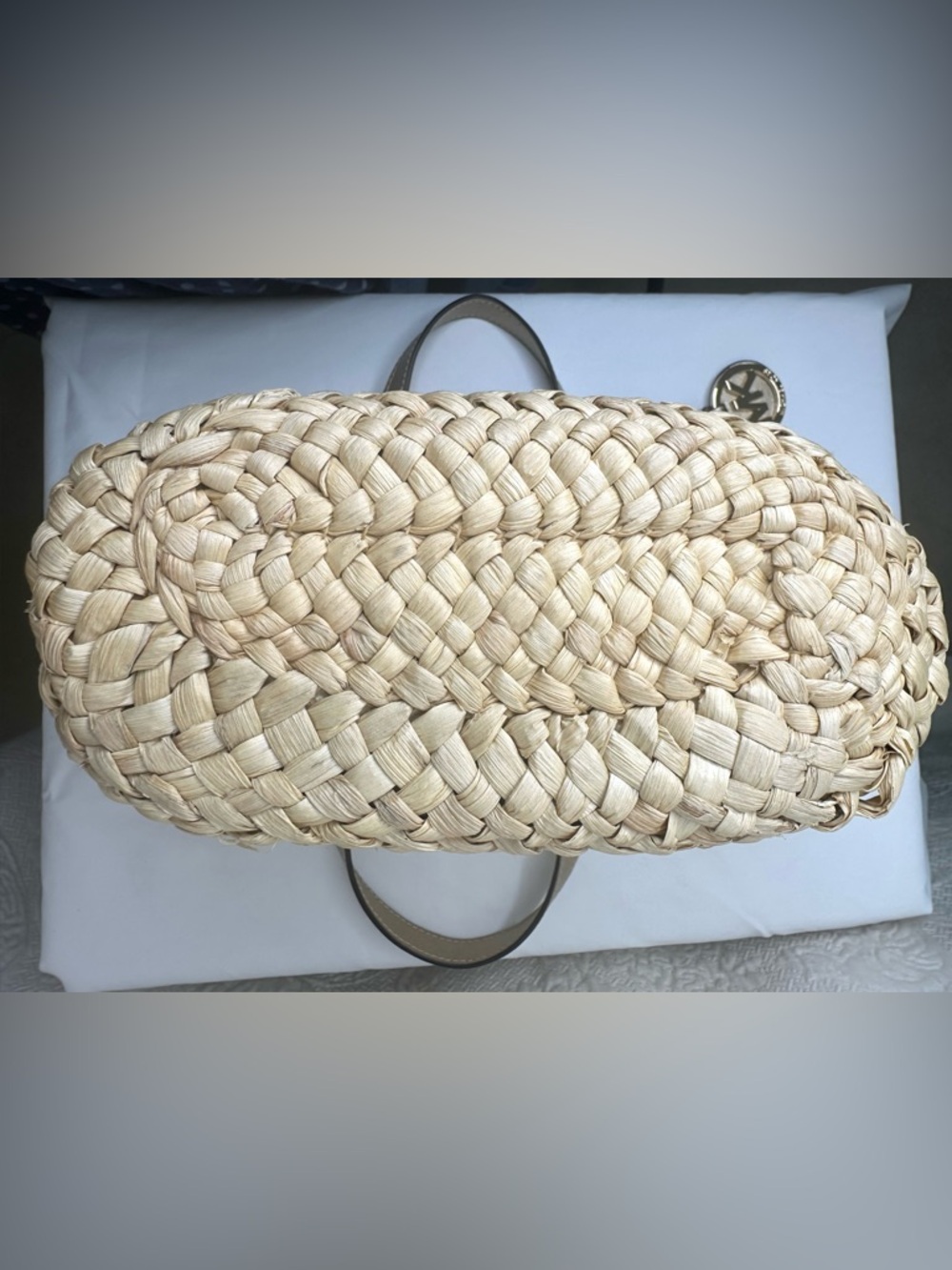Michael Kors Cecelia Straw Tote with Green Leaf Appliqués and Gold Leather Trim - Picture 10 of 16